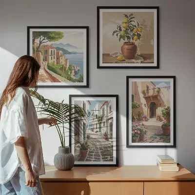 Dekorativni komplet zidnih slika s motivima ulica, kuća i biljaka u loncima