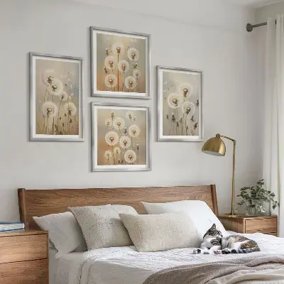Bijeli maslačci na svijetloj pozadini set od 4 slike u okviru
