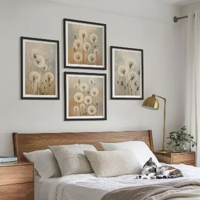 Bijeli maslačci na svijetloj pozadini set od 4 slike u okviru