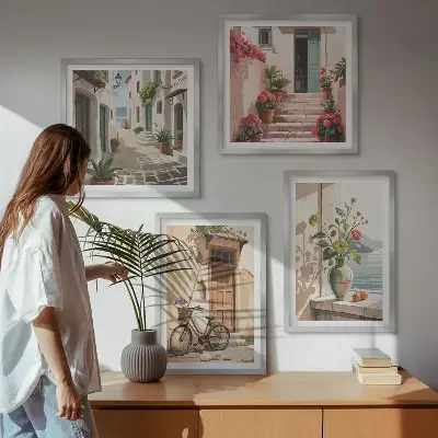 Set 4 slike u okviru motivi ulica, cvijeća i bicikala
