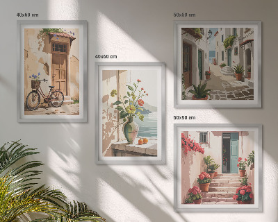 Set 4 slike u okviru Ulice, cvijeće, bicikli, oslikani