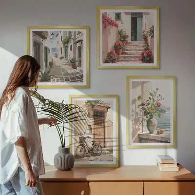 Set 4 slike u okviru motivi ulica, cvijeća i bicikala