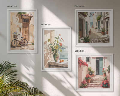 Set 4 slike u okviru Ulice, cvijeće, bicikli, oslikani