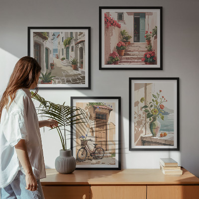 Set 4 slike u okviru Ulice, cvijeće, bicikli, oslikani