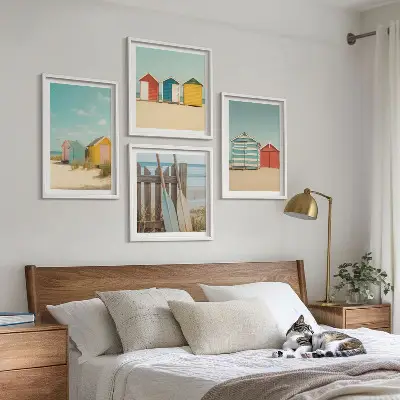 Dekorativni komplet zidnih slika šarene kuće s motivom plaže i sunca