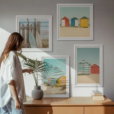 Dekorativni komplet zidnih slika šarene kuće s motivom plaže i sunca