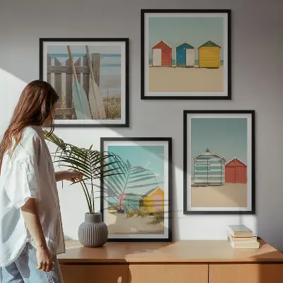 Dekorativni komplet zidnih slika šarene kuće s motivom plaže i sunca