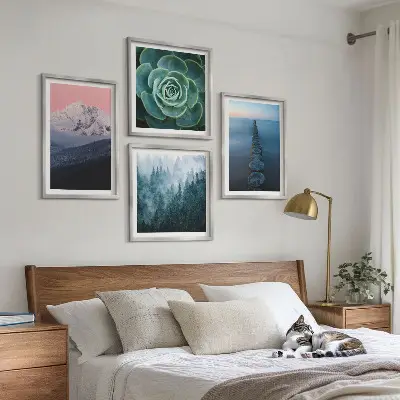 Komplet slika za spavaću sobu planine s motivom ružičastog neba, vode i sukulenta