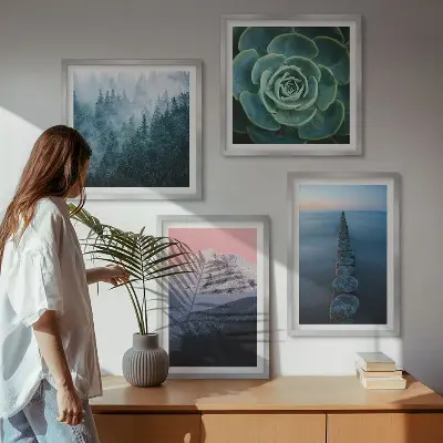 Komplet slika za spavaću sobu planine s motivom ružičastog neba, vode i sukulenta