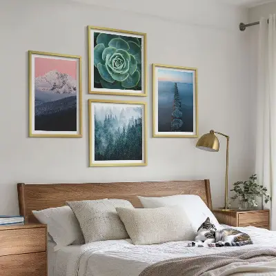 Komplet slika za spavaću sobu planine s motivom ružičastog neba, vode i sukulenta