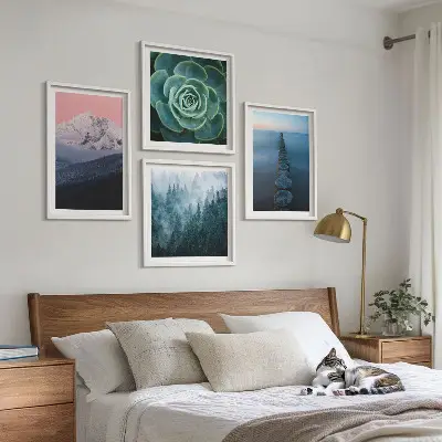 Komplet slika za spavaću sobu planine s motivom ružičastog neba, vode i sukulenta