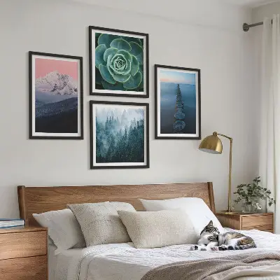 Komplet slika za spavaću sobu planine s motivom ružičastog neba, vode i sukulenta