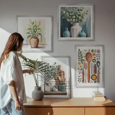 Set 4 slike u okviru s motivom kuhinjskog pribora na biljnoj bazi 