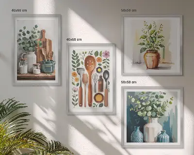 Set 4 slike u okviru s motivom kuhinjskog pribora na biljnoj bazi 