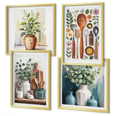 Set 4 slike u okviru s motivom kuhinjskog pribora na biljnoj bazi 