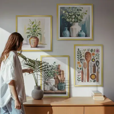 Set 4 slike u okviru s motivom kuhinjskog pribora na biljnoj bazi 