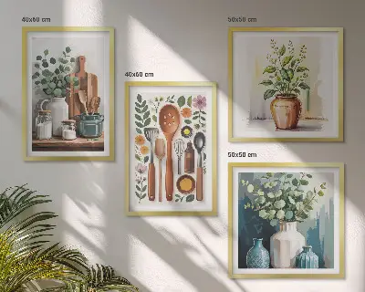 Set 4 slike u okviru s motivom kuhinjskog pribora na biljnoj bazi 