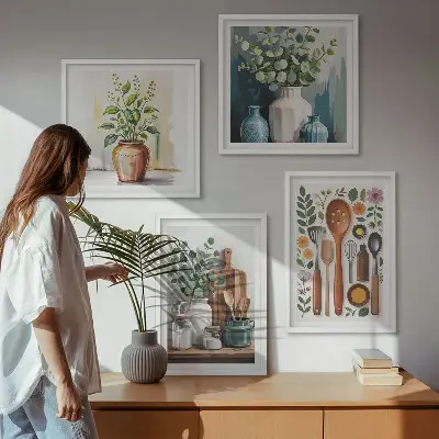 Set 4 slike u okviru s motivom kuhinjskog pribora na biljnoj bazi 