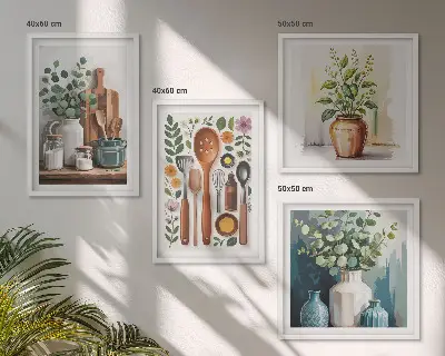 Set 4 slike u okviru s motivom kuhinjskog pribora na biljnoj bazi 