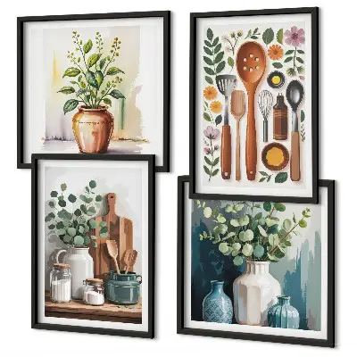 Set 4 slike u okviru s motivom kuhinjskog pribora na biljnoj bazi 