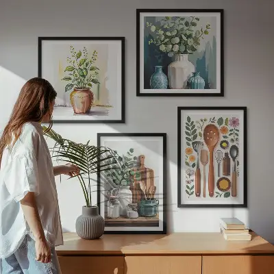 Set 4 slike u okviru s motivom kuhinjskog pribora na biljnoj bazi 