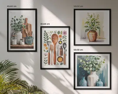 Set 4 slike u okviru s motivom kuhinjskog pribora na biljnoj bazi 