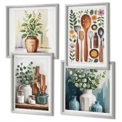 Set 4 slike u okviru s motivom kuhinjskog pribora na biljnoj bazi 