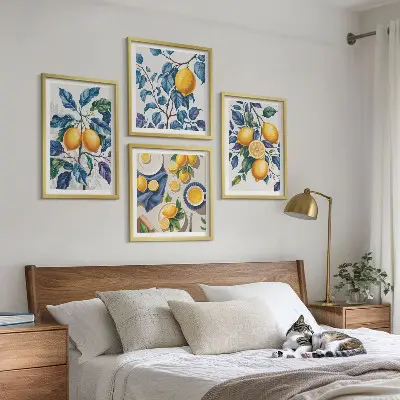 Set od 4 slike u okviru plavo lišće i grane limuna
