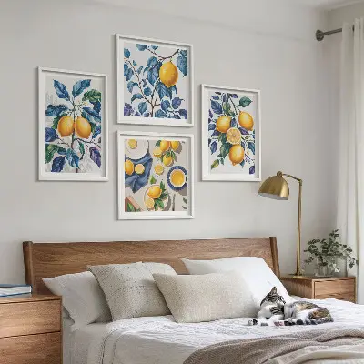 Set od 4 slike u okviru plavo lišće i grane limuna