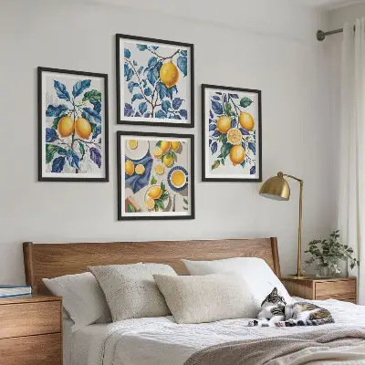 Set od 4 slike u okviru plavo lišće i grane limuna