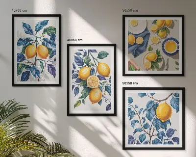 Set od 4 slike u okviru plavo lišće i grane limuna