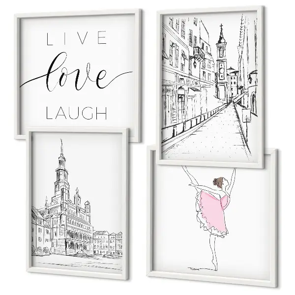 Set 4 slike u okviru elegantna grafika s motivom arhitekture i balerine