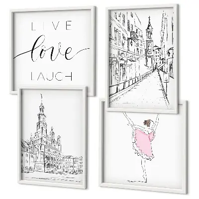 Set 4 slike u okviru elegantna grafika s motivom arhitekture i balerine
