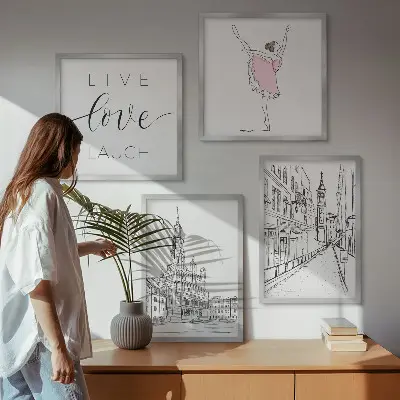 Set 4 slike u okviru elegantna grafika s motivom arhitekture i balerine