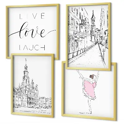 Set 4 slike u okviru elegantna grafika s motivom arhitekture i balerine