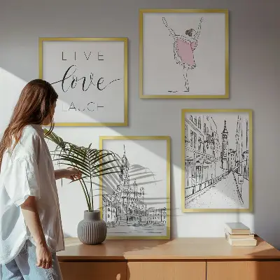 Set 4 slike u okviru elegantna grafika s motivom arhitekture i balerine