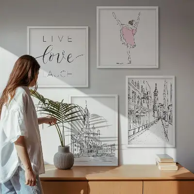 Set 4 slike u okviru elegantna grafika s motivom arhitekture i balerine