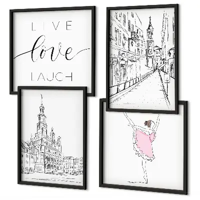 Set 4 slike u okviru elegantna grafika s motivom arhitekture i balerine