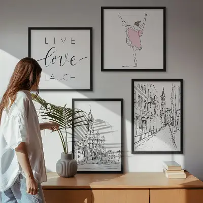 Set 4 slike u okviru elegantna grafika s motivom arhitekture i balerine
