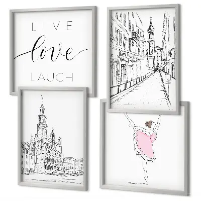Set 4 slike u okviru elegantna grafika s motivom arhitekture i balerine
