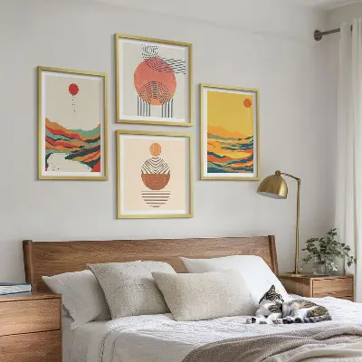 Komplet slika za spavaću sobu šareni planinski pejzaži s motivima rijeke u japandi stilu