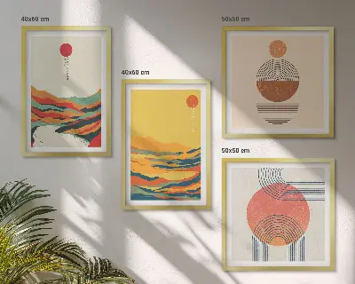 Komplet slika za spavaću sobu šareni planinski pejzaži s motivima rijeke u japandi stilu