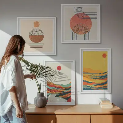 Komplet slika za spavaću sobu šareni planinski pejzaži s motivima rijeke u japandi stilu