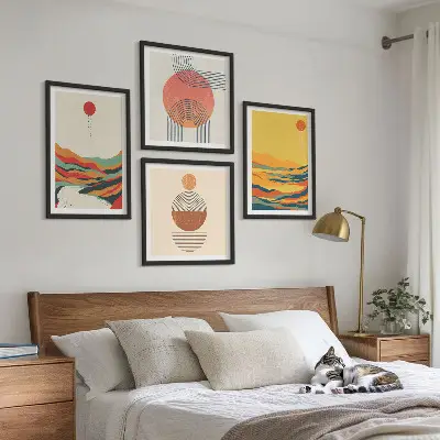 Komplet slika za spavaću sobu šareni planinski pejzaži s motivima rijeke u japandi stilu