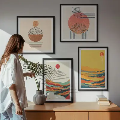 Komplet slika za spavaću sobu šareni planinski pejzaži s motivima rijeke u japandi stilu