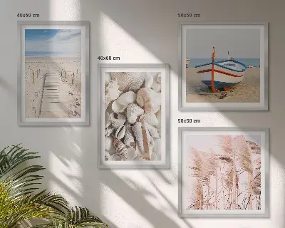 Dekorativni komplet zidnih slika motiv plaže s brodom, školjkama i travom u boho stilu