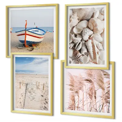 Dekorativni komplet zidnih slika motiv plaže s brodom, školjkama i travom u boho stilu