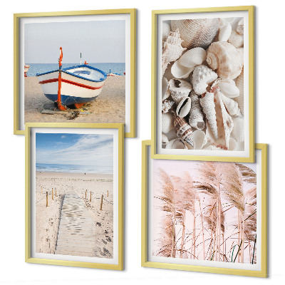 Dekorativni komplet slika za zid Plaža, brod, školjke, trava, boho