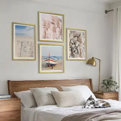 Dekorativni komplet zidnih slika motiv plaže s brodom, školjkama i travom u boho stilu