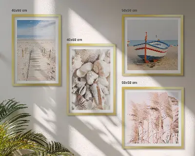 Dekorativni komplet zidnih slika motiv plaže s brodom, školjkama i travom u boho stilu